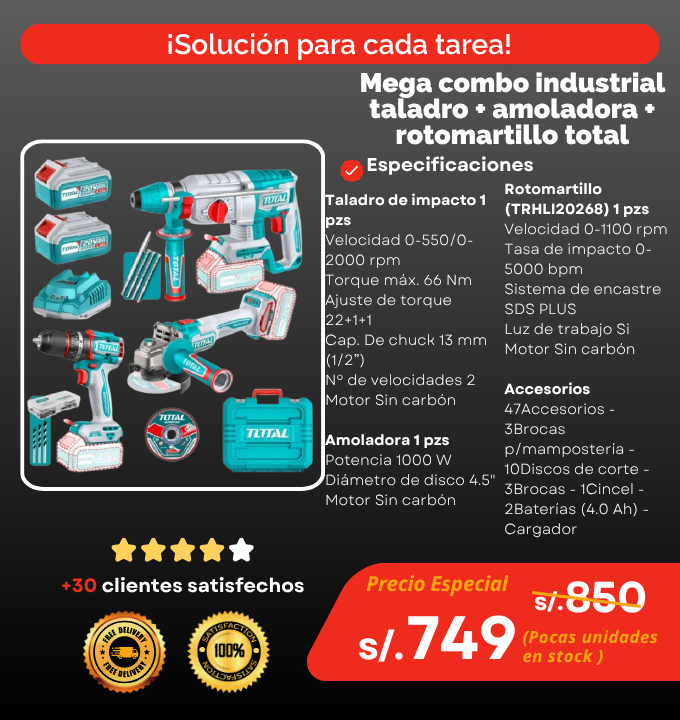 Mega combo industrial taladro + amoladora + rotomartillo total