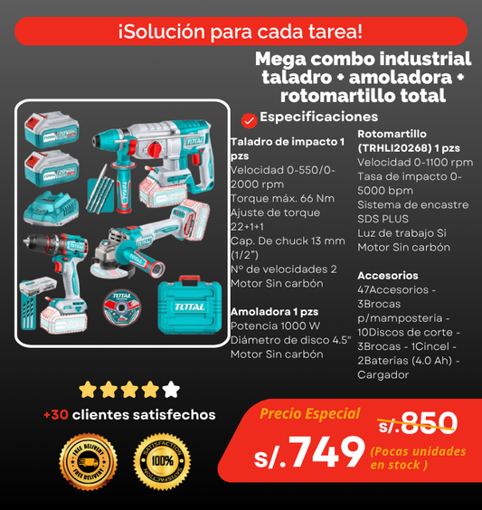 Mega combo industrial taladro + amoladora + rotomartillo total