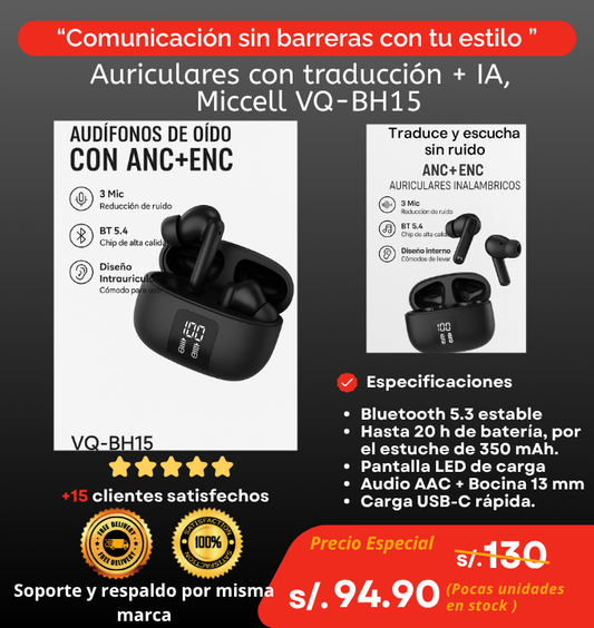 Auriculares con traducción + IA, Miccell VQ-BH15